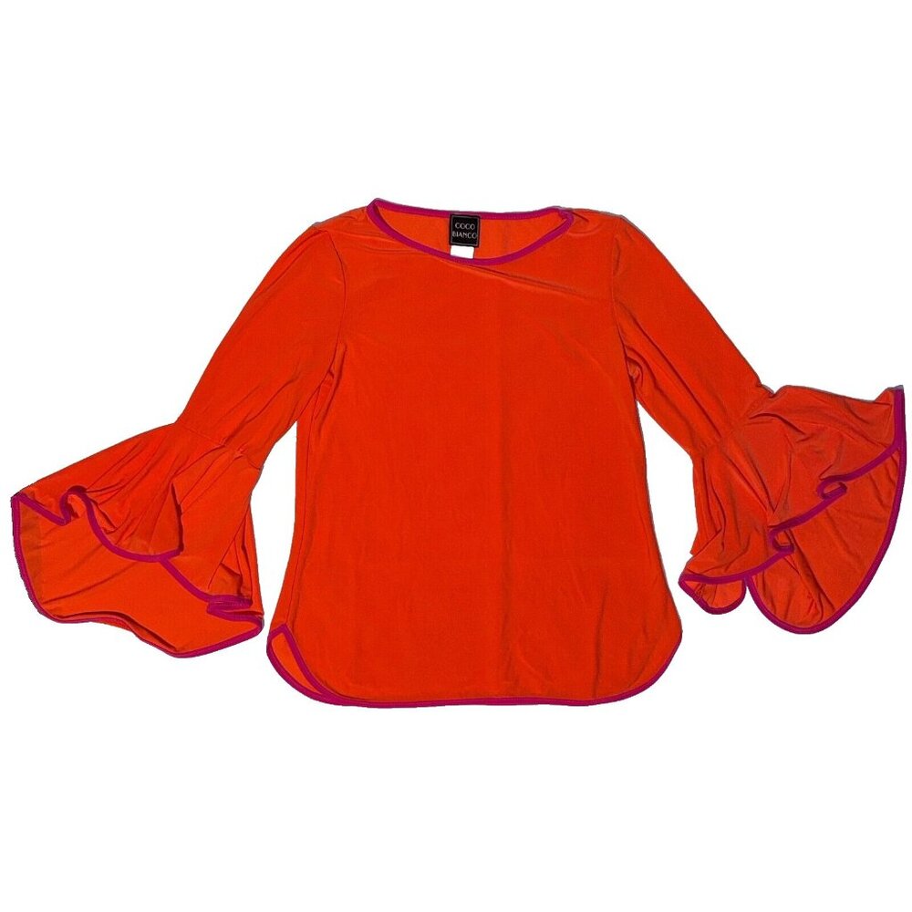 Coco Blanco Neon Orange Blouse - Med 3/4 Bell Sleeve Pull Over Bohemian Style